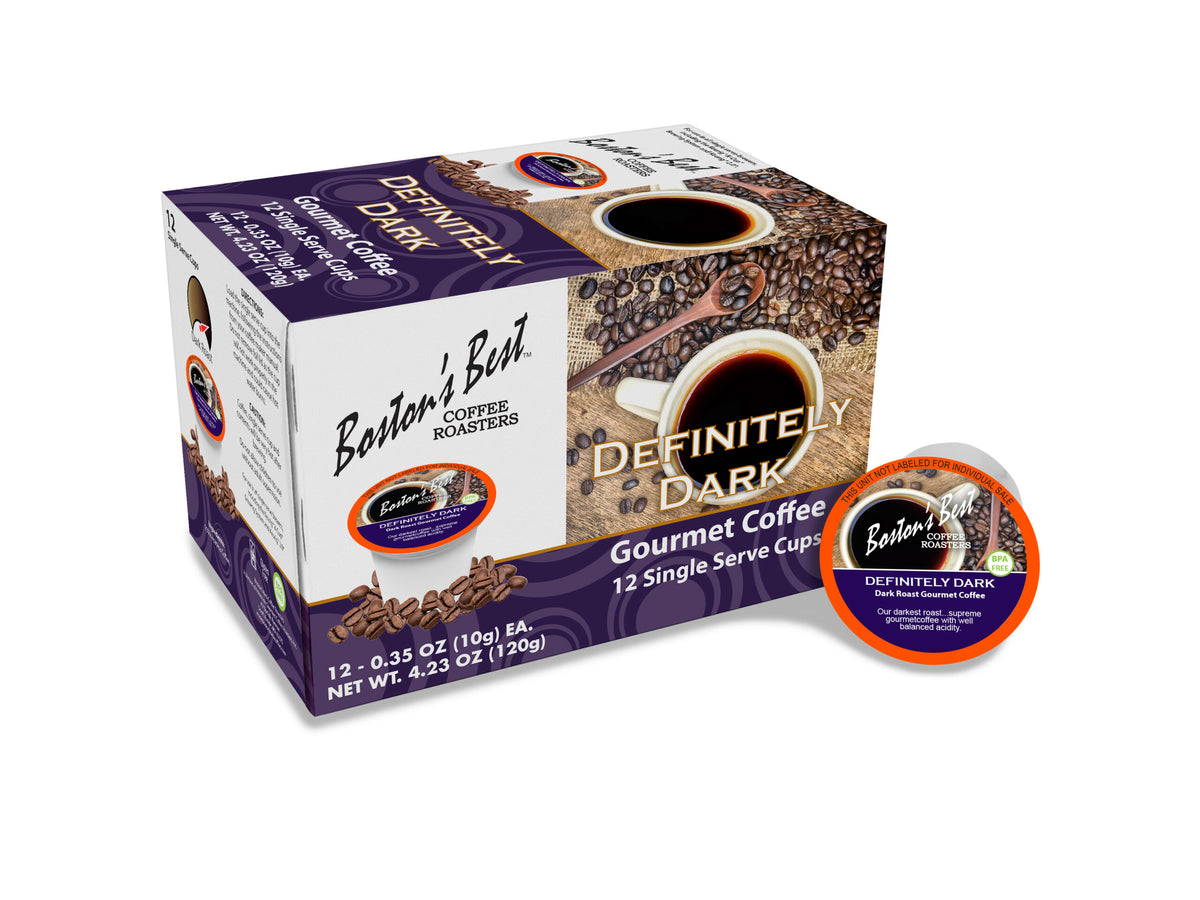 Box of Boston's Best Definitely Dark gourmet coffee single serve cups on a white background