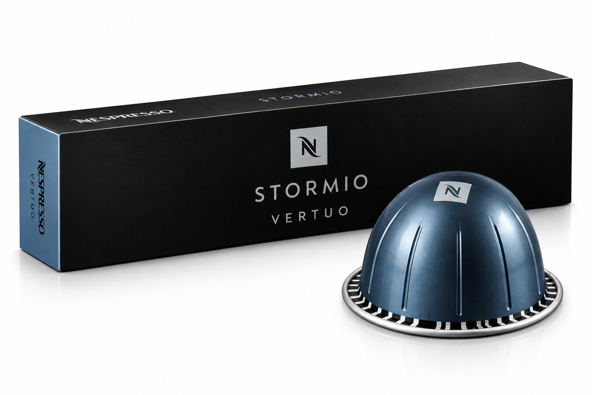 A Stormio Vertuo Nespresso coffee capsule in a metallic dark blue dome shape, shown next to its black and blue retail packaging box on a clean white background.