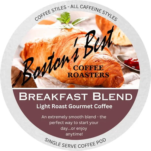 Boston's Best Coffee Roasters Breakfast Blend coffee pod with a croissant and coffee cup in the background.