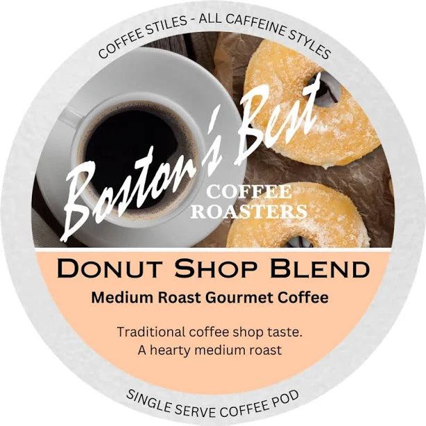 Coffee pod packaging for Boston's Best Coffee Roasters Donut Shop Blend with a donut and coffee cup illustration.