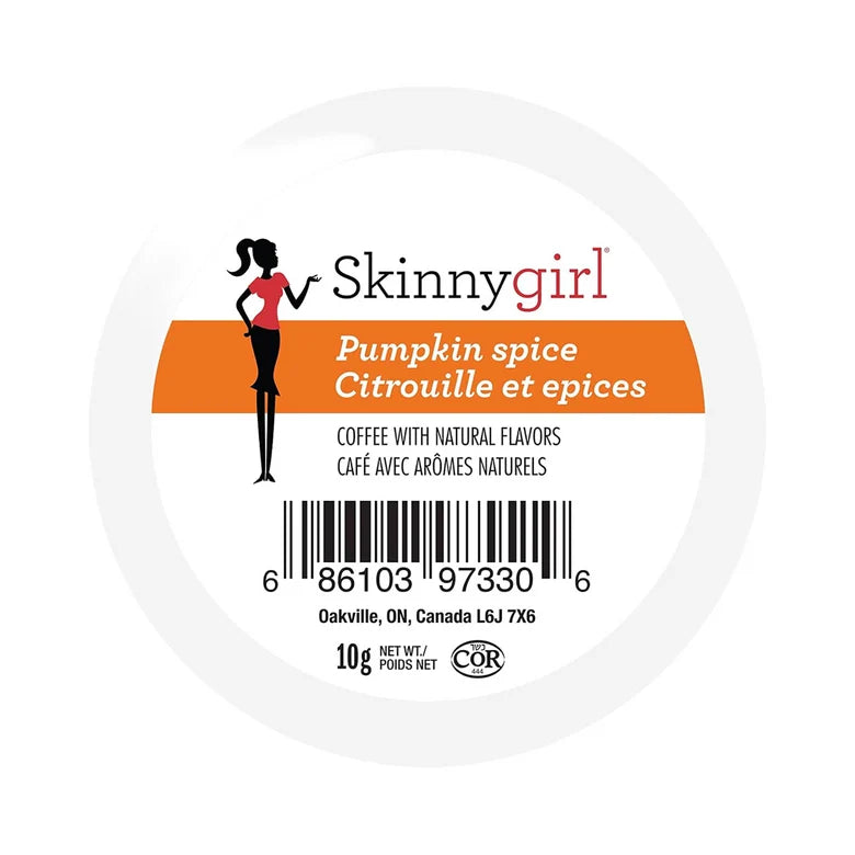 A round product label for Skinnygirl Pumpkin Spice coffee, featuring a white background with an orange banner, black text, a barcode, and a black silhouette of a woman.