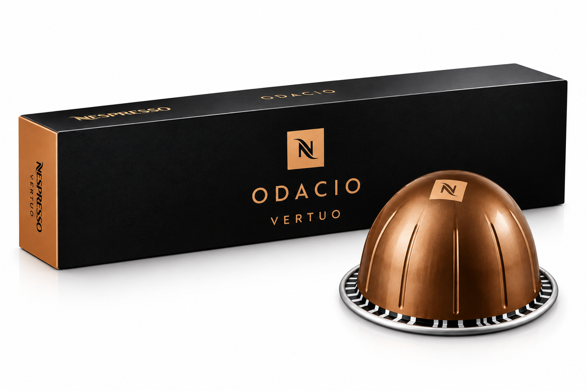 An Odacio Vertuo Nespresso capsule in front of its black and gold retail box on a clean white background.