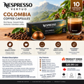 Nespresso Vertuo Colombia coffee capsules by Product Kings, featuring a black and gold retail box, a single capsule, a glass of espresso, and coffee beans on a warm beige background with product details and pricing.