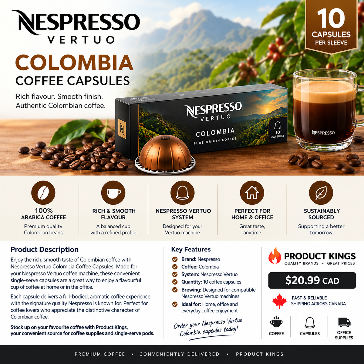 Nespresso Vertuo Colombia coffee capsules by Product Kings, featuring a black and gold retail box, a single capsule, a glass of espresso, and coffee beans on a warm beige background with product details and pricing.