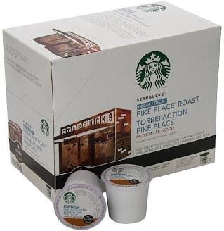 Starbucks Pike Place roast coffee pods and packaging on a white background