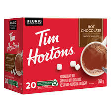 Tim Hortons hot chocolate mix box with Keurig branding on a white background